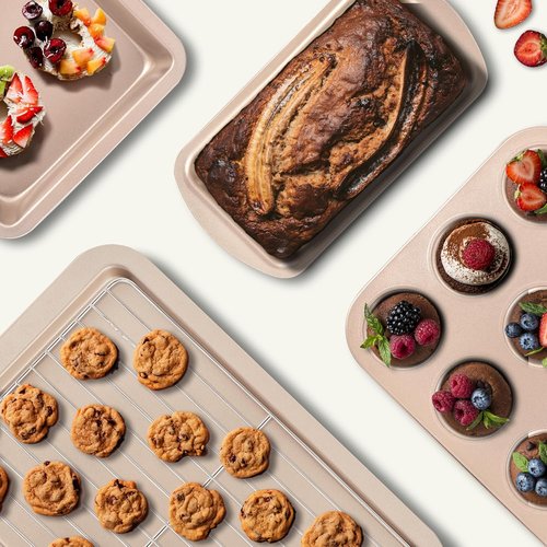 KITESSENSU Nonstick Baking Pans Set - 7-Piece Bakeware with Cake, Loaf, Muffin, Cookie Pans & Mitts | Gold
