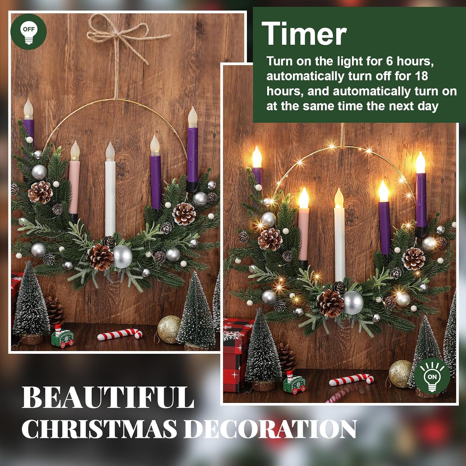 Suncalla Advent Wreath Set - 5 Flameless Candles with Timer Remote | 20-Inch Pine Cone Holiday Decor