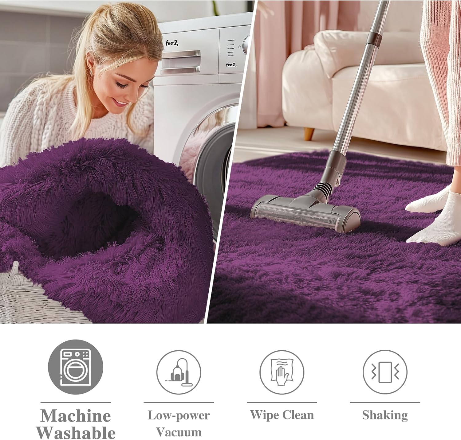 OLANLY Dark Purple Round Rug - Soft, Fluffy Shaggy Carpet | 8 ft Machine Washable Area Rug for Bedroom & Living Room Decor