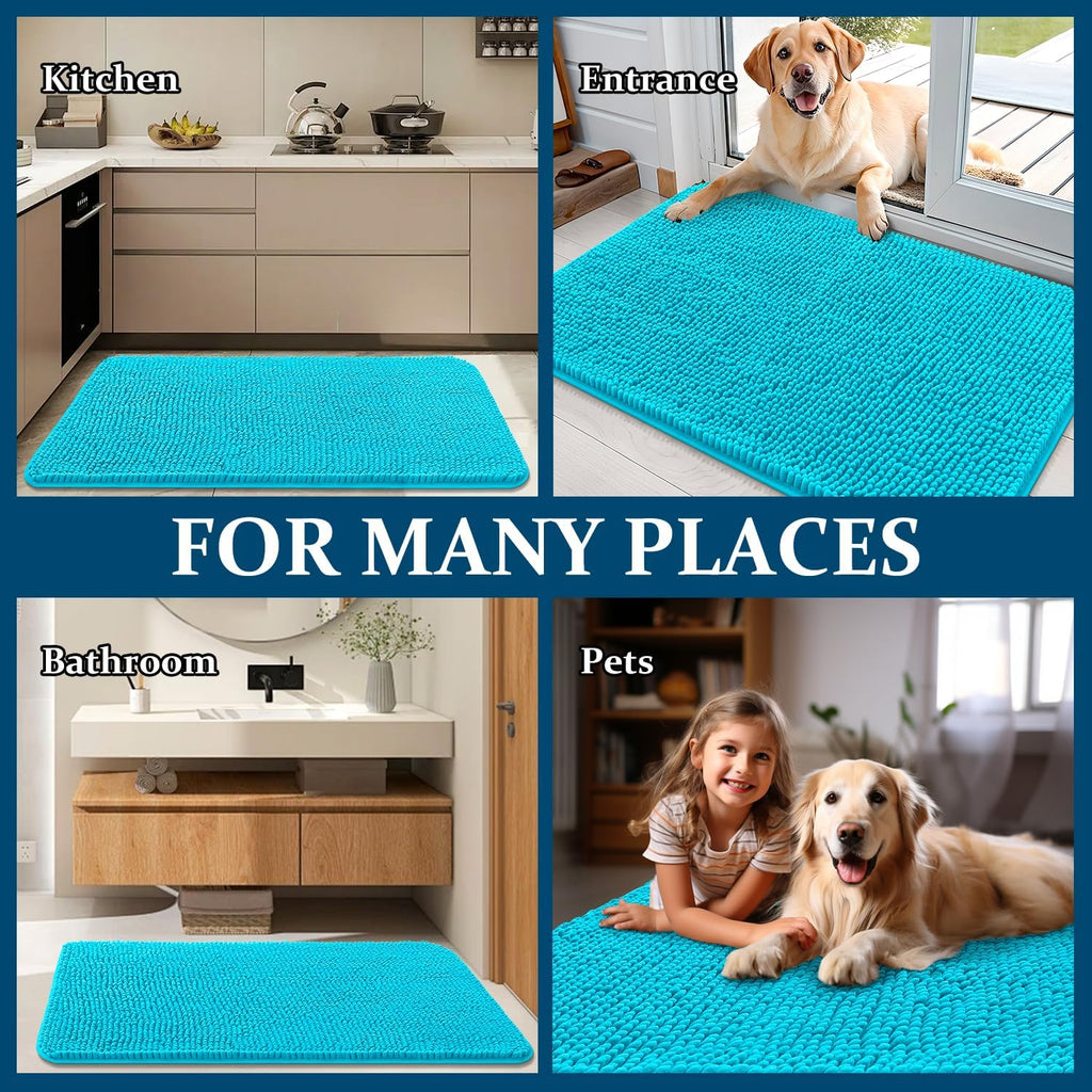 OLANLY Dog Door Mat - Absorbent Non-Slip Chenille Mat for Muddy Paws | 59x24 Inches, Aqua Blue