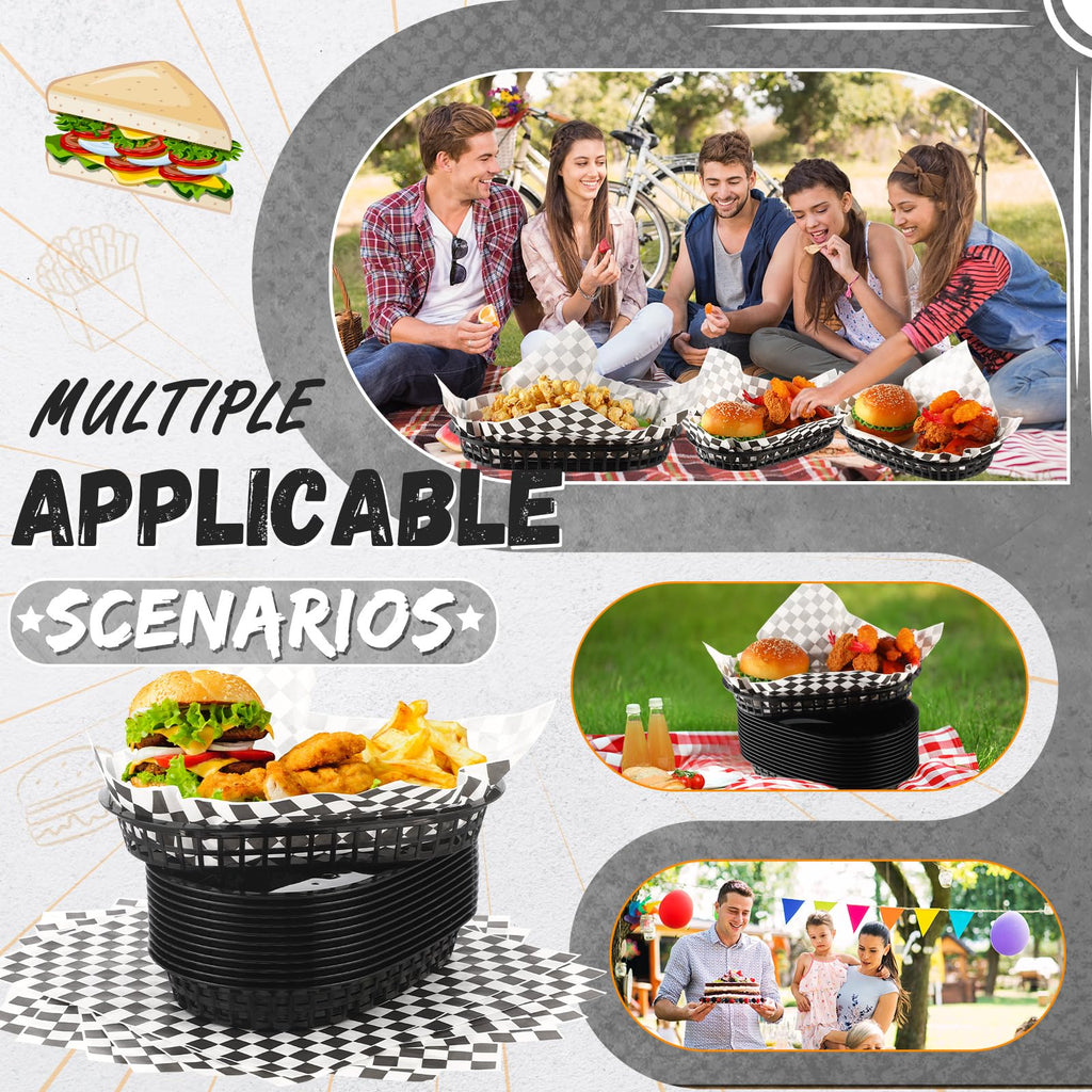Uiifan 24 Pcs Fast Food Baskets with 100 Deli Liners Halloween Deli Food Baskets 10.5 x 7 Inch Serving Burger Chip Trays for Halloween Hot Dog Hamburger Bread Picnic(Black)