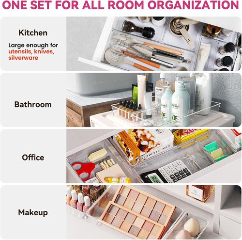 Criusia Drawer Organizer Bins - 26 Pack Clear Plastic Kitchen & Bathroom Organizers | Versatile Utensil & Makeup Storage