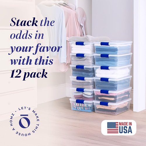 HOMZ Clear Plastic Storage Organizer Bins - 12-Pack 15.5 Quart Stackable Containers in Blue for Home & Office