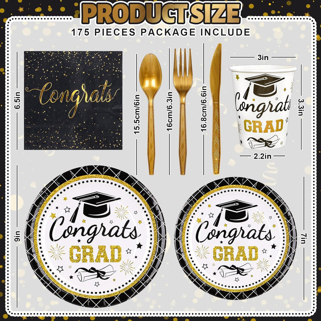 Whaline Graduation Party Supplies Set - 175 Pcs Disposable Tableware for 25 Guests | Plates, Napkins, Cups & Cutlery