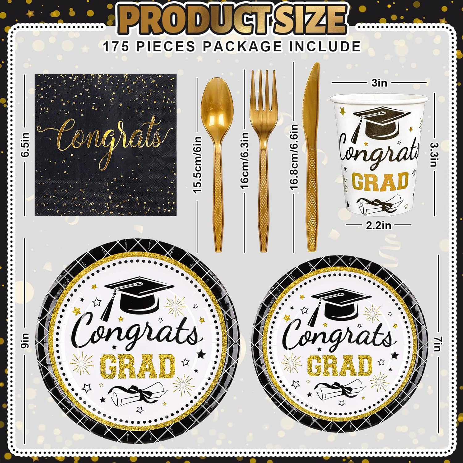 Whaline Graduation Party Supplies Set - 175 Pcs Disposable Tableware for 25 Guests | Plates, Napkins, Cups & Cutlery