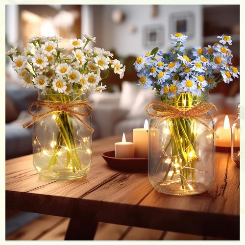 Chunful 12 Pcs Glass Mason Jar with LED Lights for Table Centerpiece Decorations Set Clear Rustic Farmhouse Coffee Table Decor with LED Lights for Wedding Dining Room Kitchen Decor (Warm Light)