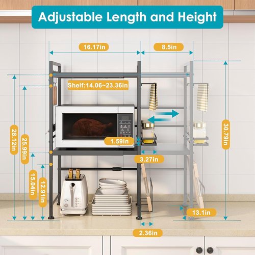 DOLALIKE Microwave Oven Rack - Expandable Kitchen Storage Stand with 6 Hooks | Carbon Steel Countertop Organizer