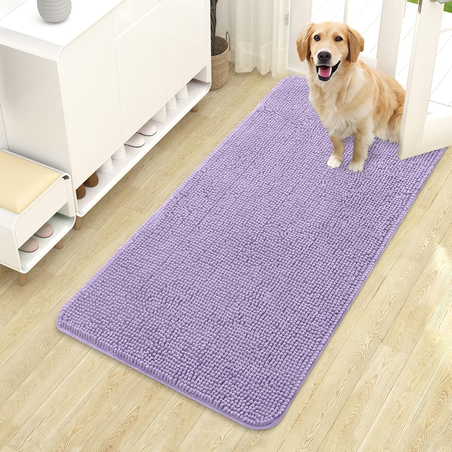 OLANLY Dog Door Mat - Absorbent Non-Slip Washable Chenille Mat for Muddy Paws | 44x24, Lavender