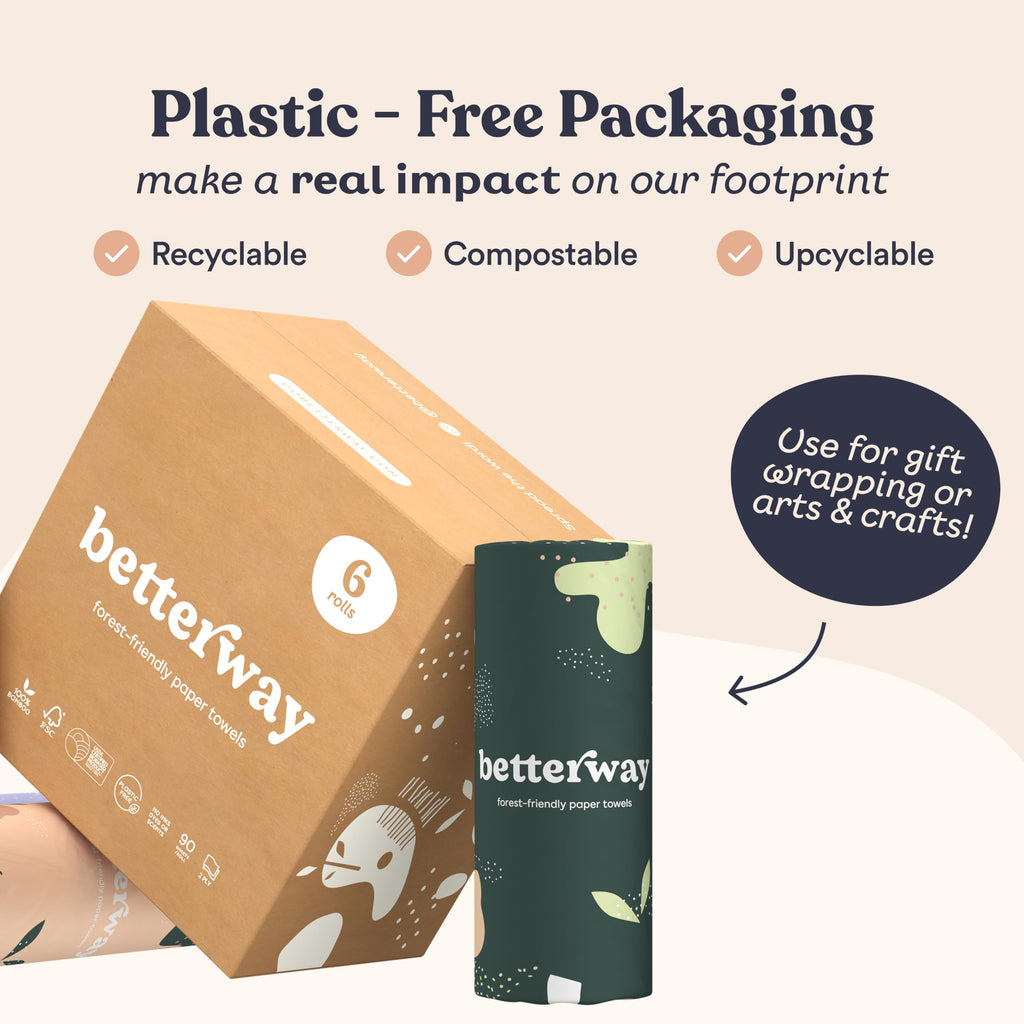 Betterway Bamboo Paper Towels - 6 Rolls, 2 Ply - Plastic Free, Disposable Kitchen Paper Towels - Select Size, Tree Free, Compostable, Strong & Absorbent, No Dyes - PFAS Free