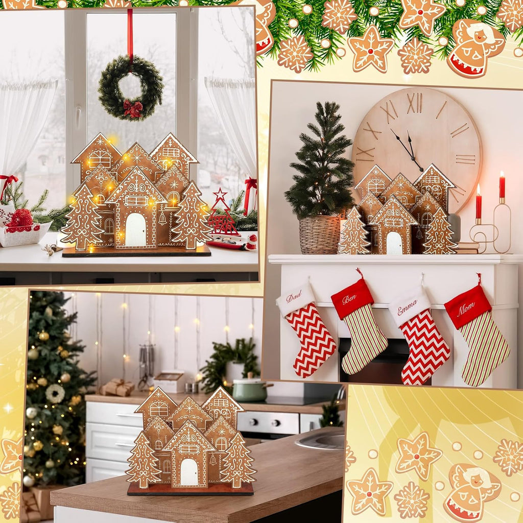 Threehoney Christmas Gingerbread House Table Decorations - 8 Pcs Wooden Centerpiece for Holiday Decor