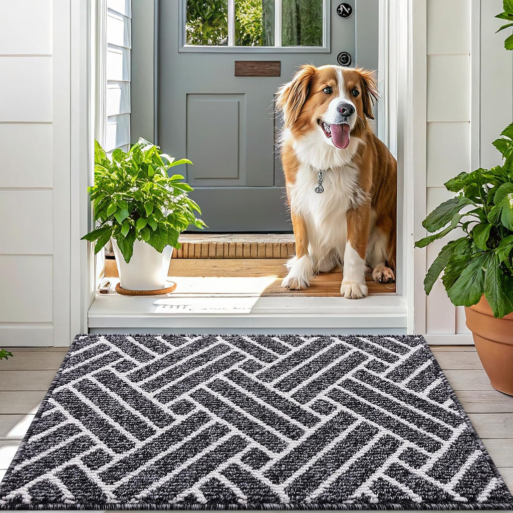 OLANLY Door Mat Set - 2-Piece Outdoor & Indoor Mats | Geometric Design, Black, 29.5x17 & 32x20 Inches