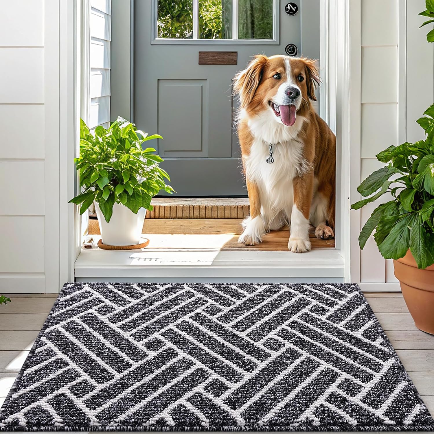 OLANLY Door Mat Set - 2-Piece Outdoor & Indoor Mats | Geometric Design, Black, 29.5x17 & 32x20 Inches