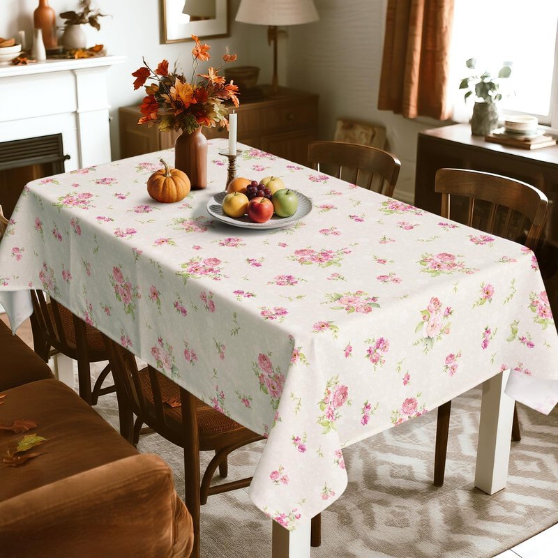 Arquiel Pink Floral Tablecloth Waterproof, Beige Table Cloth Rectangle Stain Resistant, Washable Table Cover for Home Kitchen Dining Party Decoration (60×84 inch)