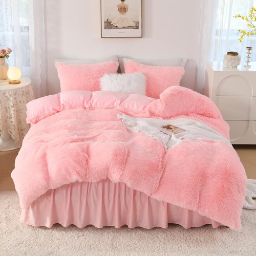 Litanika Pink Fluffy Comforter Queen Size, Luxury Shaggy Faux Fur Bedding Cute for Women Girls, Ultra Soft Velvet Fuzzy Queen Bed Set 3 Pieces(1 Plush Comforter 90×90 Inch, 2 Pillowcases)
