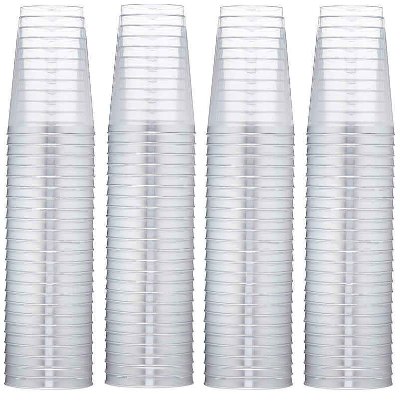 Oojami 12oz Hard Plastic Party Cups – Perfect for Home, Office, Bars, Weddings, Showers, Birthdays, Anniversaries, and Parties! Durable & Stylish Old Fashioned Tumblers (Silver Rim, 100 Pack)