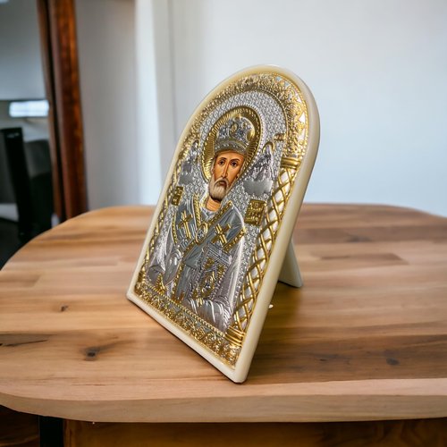 (PL-3/003G/B) Saint Nicholas Byzantine, 925° Sterling Silver Orthodox Christian Icon/Greek Handmade (White, 5 x 3)