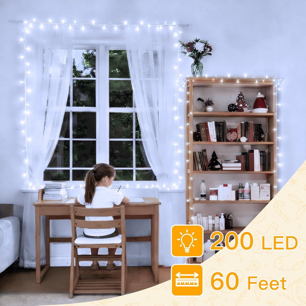 Ollny 200 LED Christmas Lights - 60FT Cool White Connectable String Lights | 8 Modes Waterproof Timer for Indoor & Outdoor Use