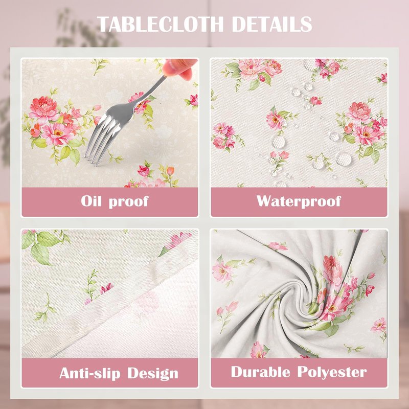 Arquiel Pink Floral Tablecloth Waterproof, Beige Table Cloth Rectangle Stain Resistant, Washable Table Cover for Home Kitchen Dining Party Decoration (60×84 inch)