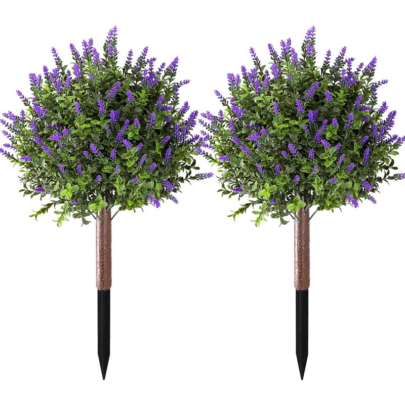 LUWENER 23.6" Artificial Lavender with Boxwood Topiary Ball, 2 Pack UV Resistant Artificial Shrubs，with Ground Spikes, Indoor and Outdoor Fake Evergreen Tree for Porch, Garden, Front Door Decoration
