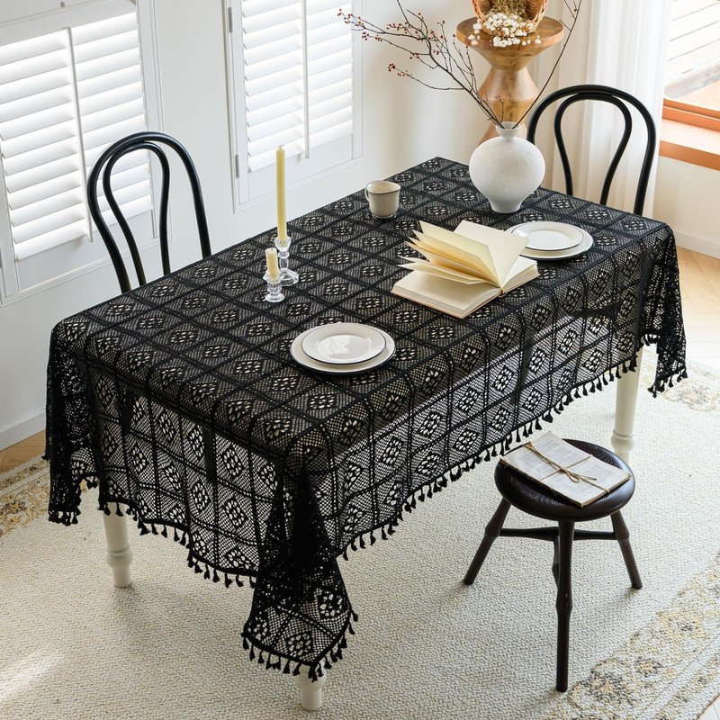 apott Crochet Lace Tablecloth with Tassel Round Table Cover for Kitchen Dinning Wedding Party Decoration Black 24x24 Inch