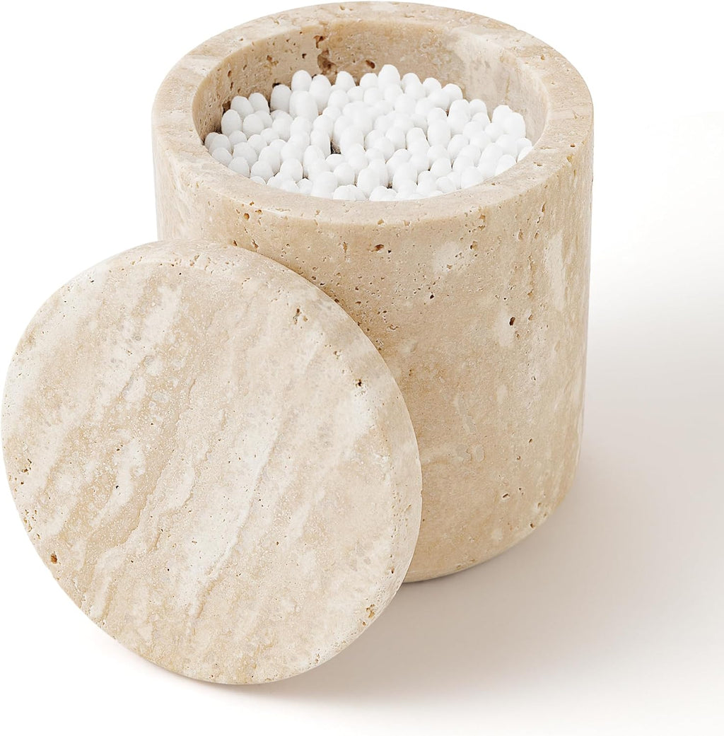WORHE Travertine Qtip Holder - Large Capacity Marble Dispenser with Lid for Bathroom Essentials | Beige