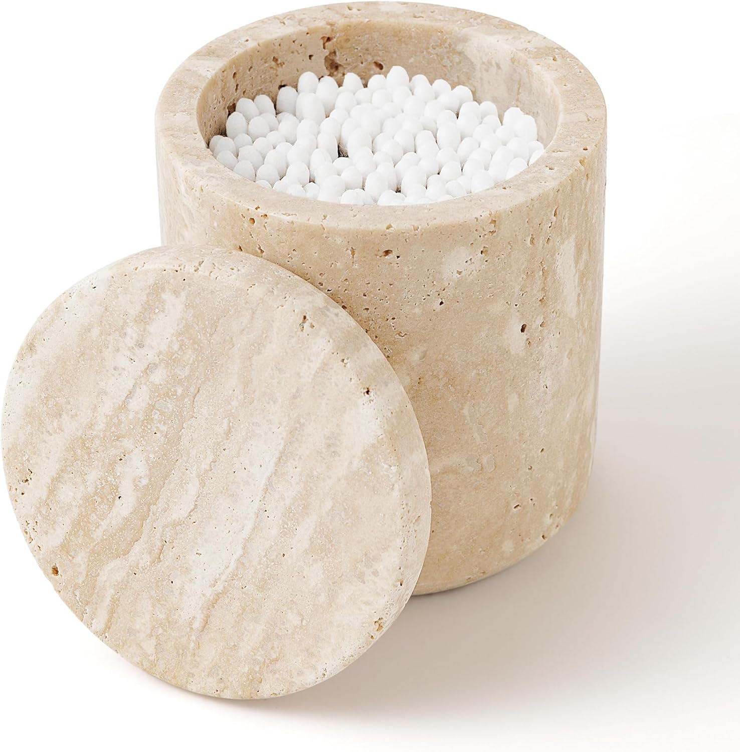 WORHE Travertine Qtip Holder - Large Capacity Marble Dispenser with Lid for Bathroom Essentials | Beige