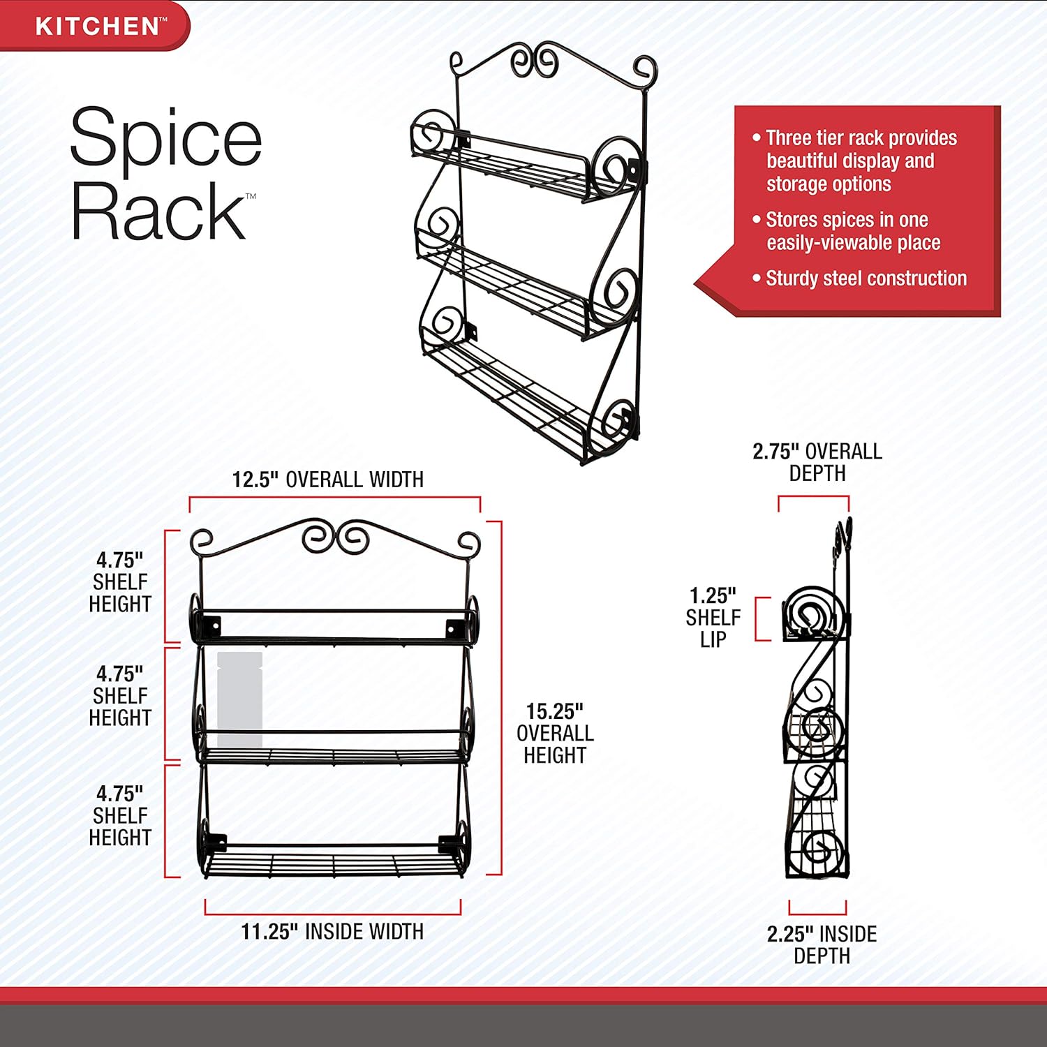 Spectrum Diversified Scroll Wall-Mounted Spice Rack Organizer - 3-Tier Design for Kitchen & Cabinet Storage