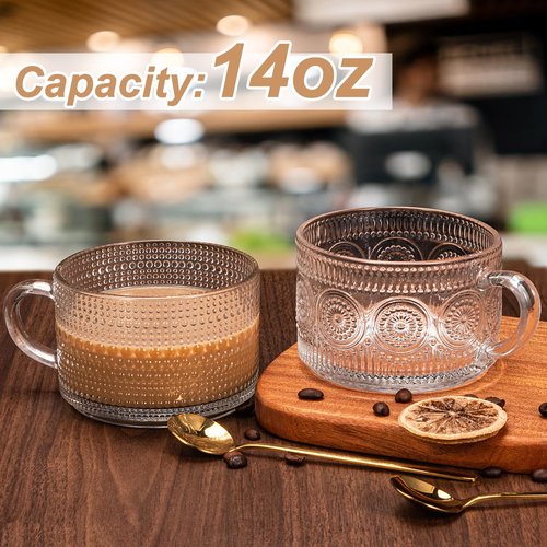 Vintage Coffee Mugs 4pcs Set, Clear Embossed Tea Cups with Bamboo Lids and Spoons, 14 Oz Glass Coffee Cups, Cute Coffee Bar Accessories, Iced Coffee Glasses, Ideal for Cappuccino, Latte (Transparent)