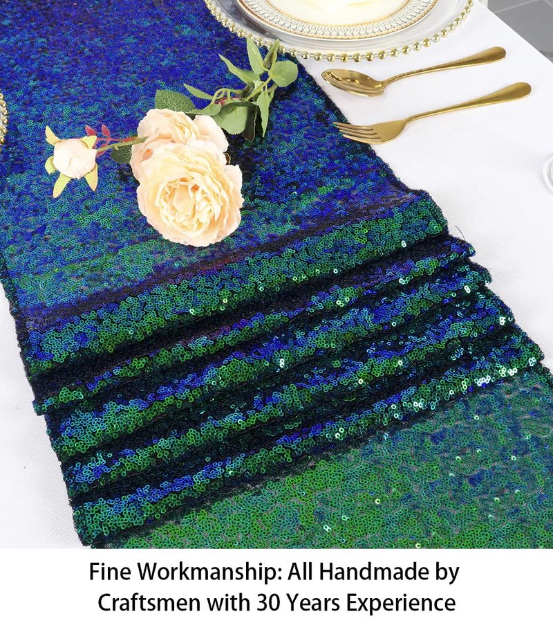 ShinyBeauty Iridescent Green Table Runner 2 Packs 12''x72'' Sequin Table Runners Sparkly Table Cover Overlay 72 Inches Sequence Fabric Table Cloth Runner for Party Graduation Engagement Decoration