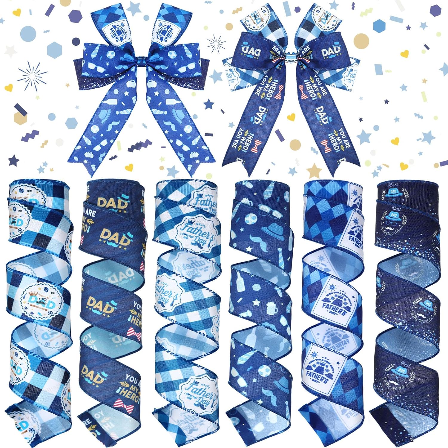 Skiennix Father's Day Wired Edge Ribbon - Blue Tie Hat Pattern | 6 Rolls, 30 Yards for Crafting & Gifts