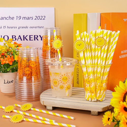FYSUIMU 50Pcs 12Oz Smile Sunshine Plastic Cups with Lids & Straws First Trip Around The Sun Disposable Clear Drinking Cups for Summer Birthday Baby Shower Party Supplies