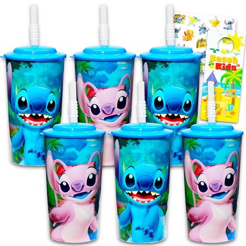 Lilo and Stitch Kids 16 Oz Reusable Cups -Stitch Party Favor 6 Piece Bundle with 16 Oz Cup with Lid and Straw Plus Stickers for Boys and Girls | Stitch Tumbler with Straw