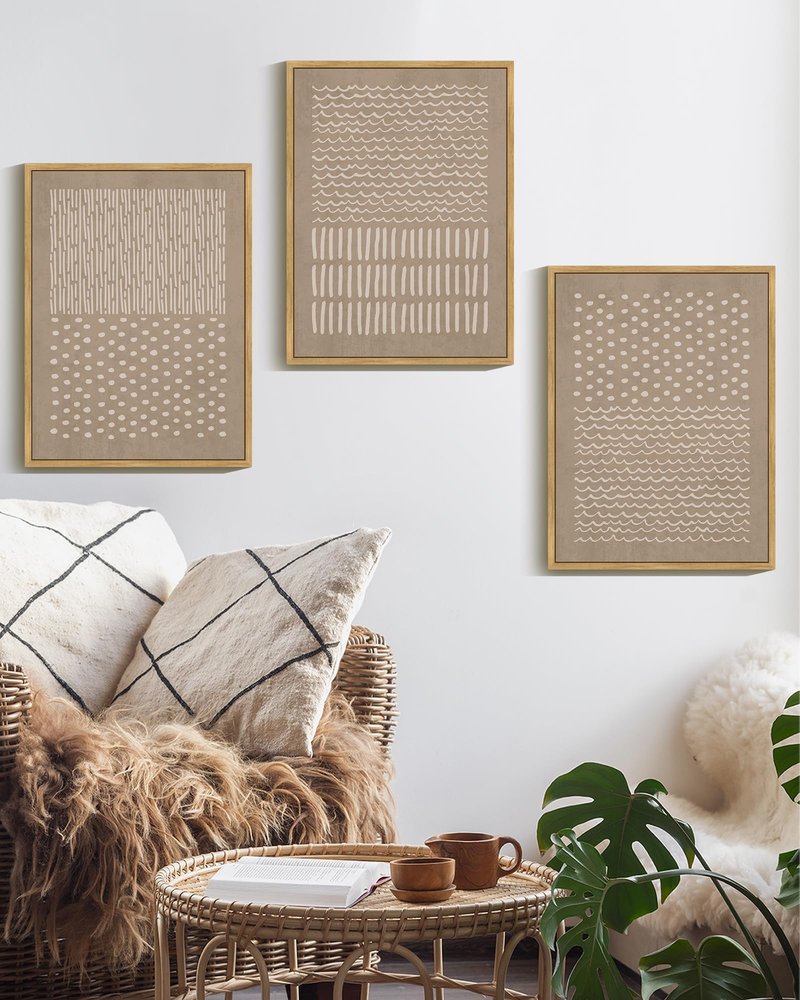PHOPAGO Boho Abstract Framed Wall Art Large 16x24in Mid-Century Tan Geometric Landscape Abstract Shapes Cozy Neutral Modern Minimalist Painting Decorative Artwork Natural Framed