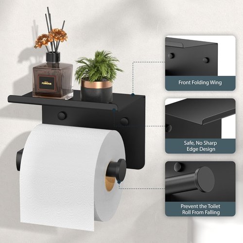 FORIOUS Toilet Paper Holder - Wall Mount with Shelf | SUS 304 Stainless Steel, Matte Black Finish