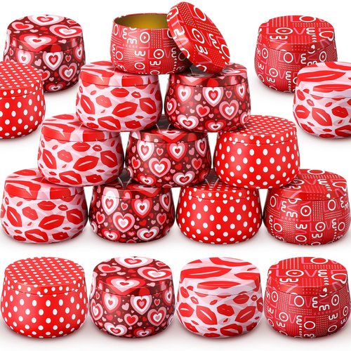 Tandefio 48 Pcs Valentine‘s Day Cookie Tins with Lids Metal Candles Candy Container 8 oz Mother's Day Cookie Storage Container Jars Candle Tins for Candle Making Storing Gifts Party Favors
