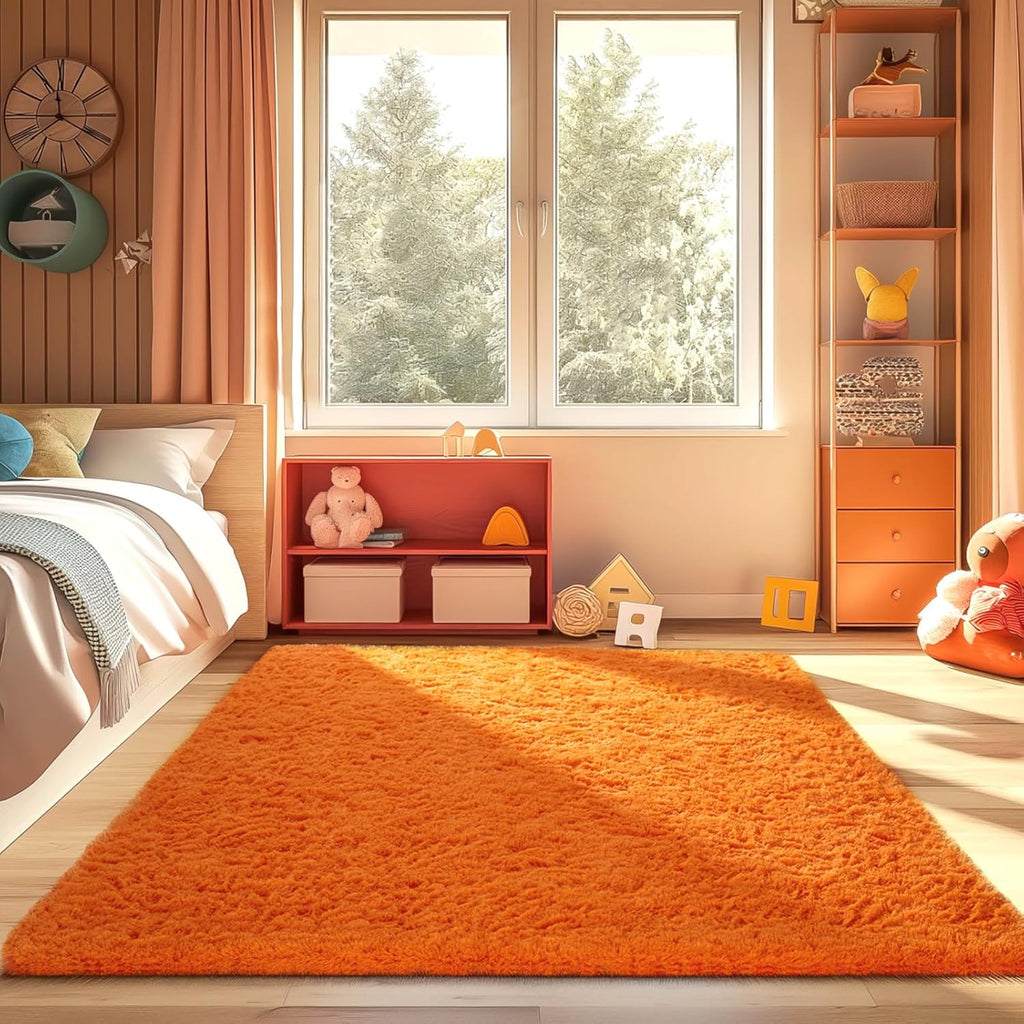 Ophanie Orange Fall Rug - Plush Soft Shaggy Carpet for Bedroom & Living Room | 4x6 Area Rug