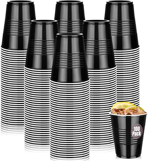 Dualshine 12 oz Black Plastic Cups - Heavy-Duty Disposable Drinking Cups for Parties & Events | 100 Pack