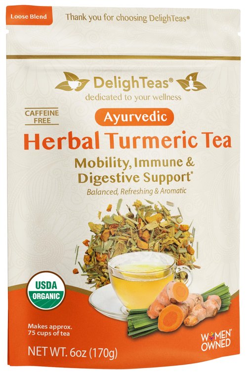 DelighTeas Organic Turmeric Ginger Tea | Ayurvedic Loose Leaf Herbal Turmeric Tea for Mobility, Immune & Digestive Support | Non-GMO, Caffeine Free, Unsweetened | 75 Servings, 6oz.