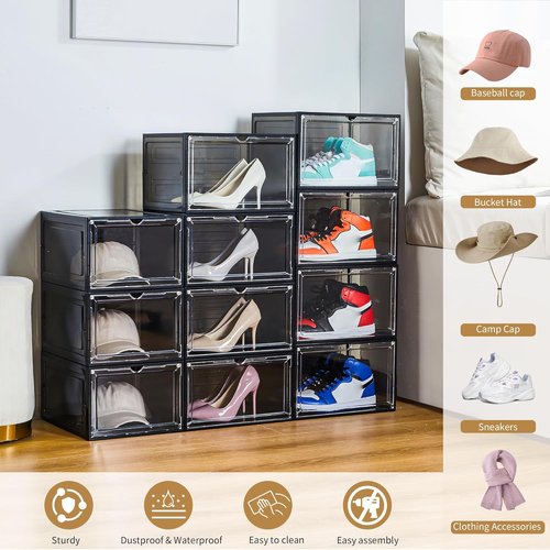 Attelite Hat Organizer - Stackable Baseball Cap Storage Box with Transparent Magnetic Door | Set of 6, Clear Black