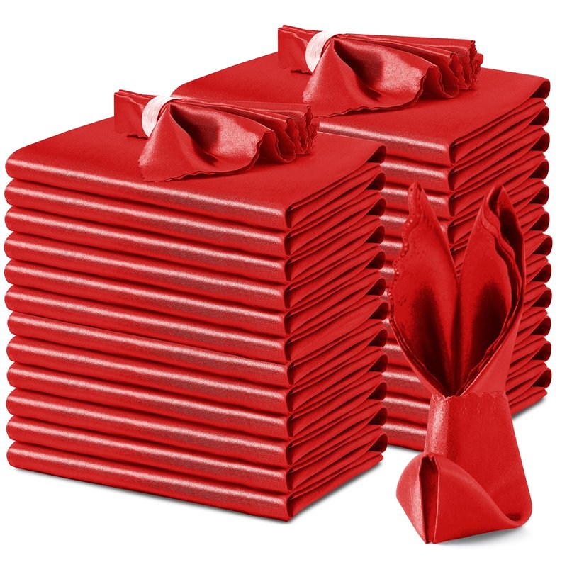 VACVELT 24 Pack Red Satin Napkins, 17x17 Inch Scalloped Elegant Dinner Napkins for Wedding, Restaurant, Banquet, Graduation Party