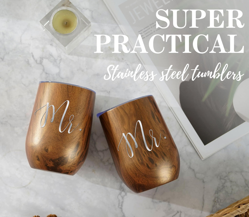 Onebttl Mr & Mr Gifts Tumbler Set - Stainless Steel 12oz/350ml with Lid - Wooden, Perfect for Wedding, Engagement, Valentine's Day, Anniversary & Newlyweds