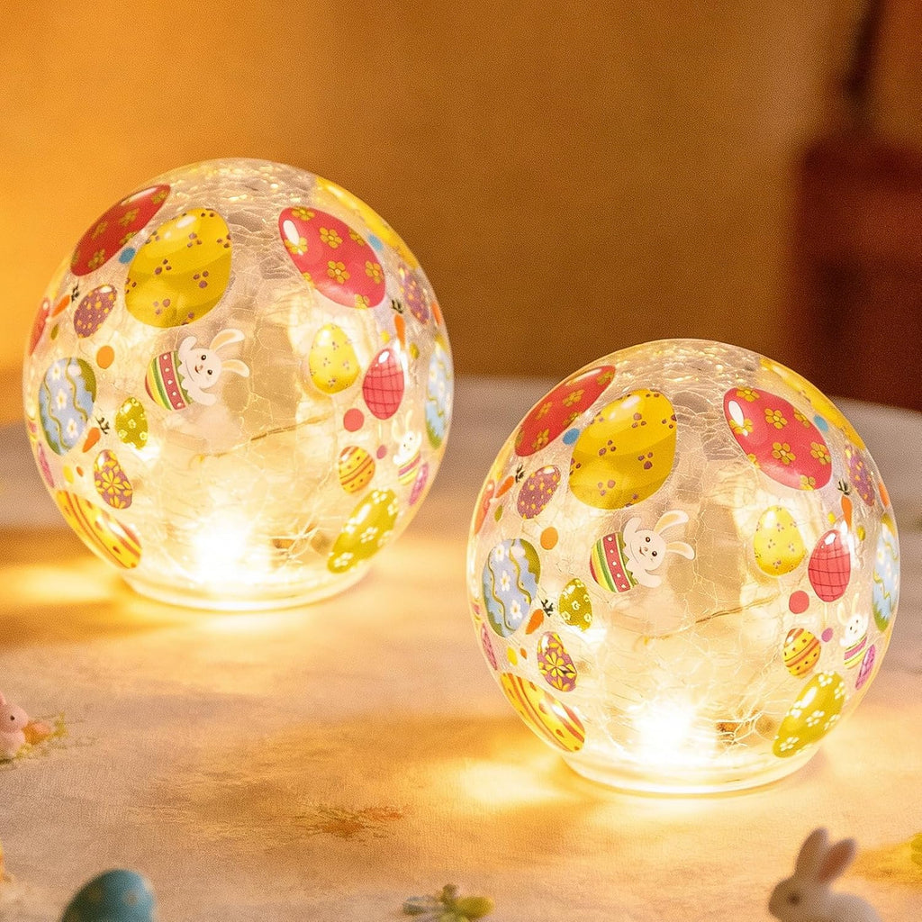 Skiennix Easter Glass Ball Lights - 2PCS LED Bunny Crackle Tabletop Lamps | 3.93'' Decorative Battery Operated Spheres