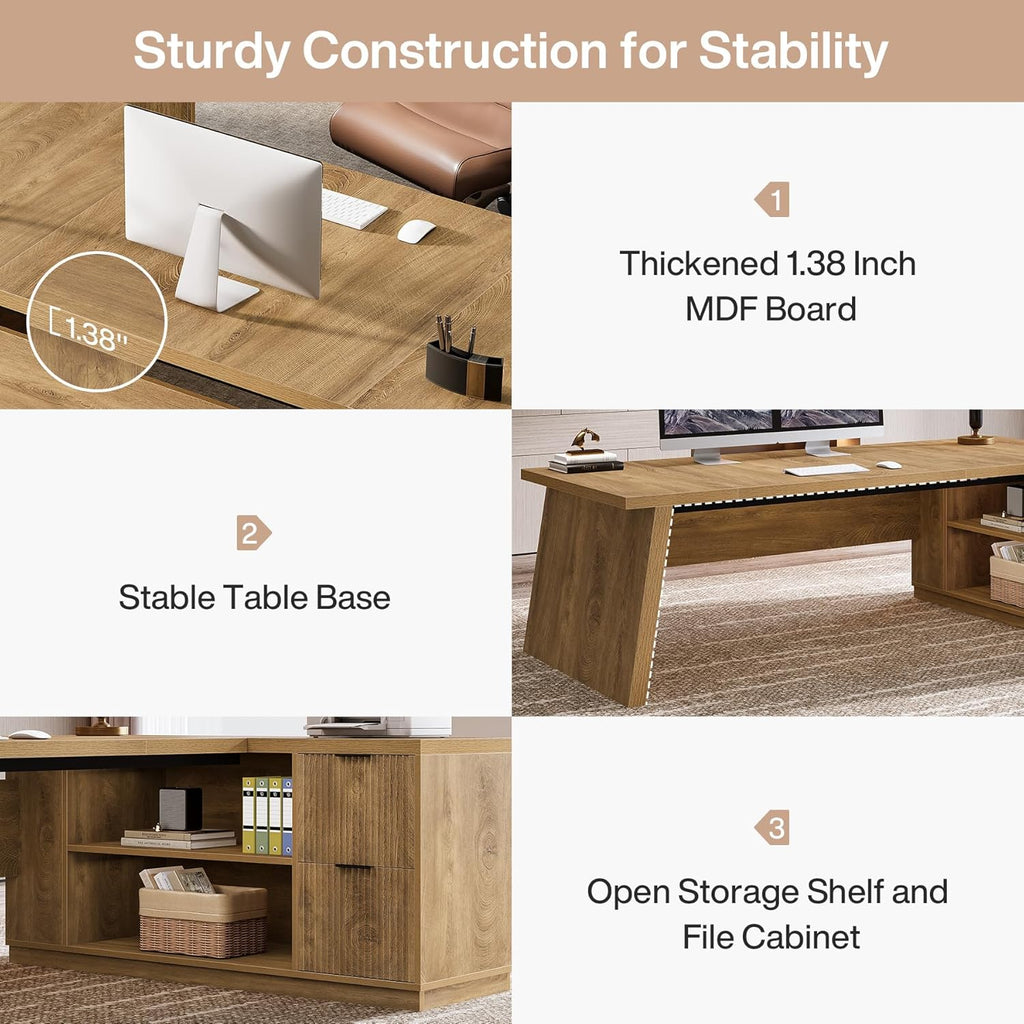 Tribesigns L Shaped Desk - Modern Executive Office Furniture with Drawers & File Cabinet | 78" Brown