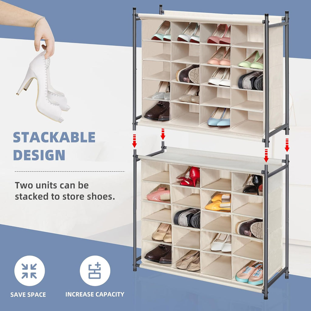 Storage Maniac Stackable Shoe Cubby Organizer - 20-Cube Free Standing Rack for Entryway & Bedroom | Beige