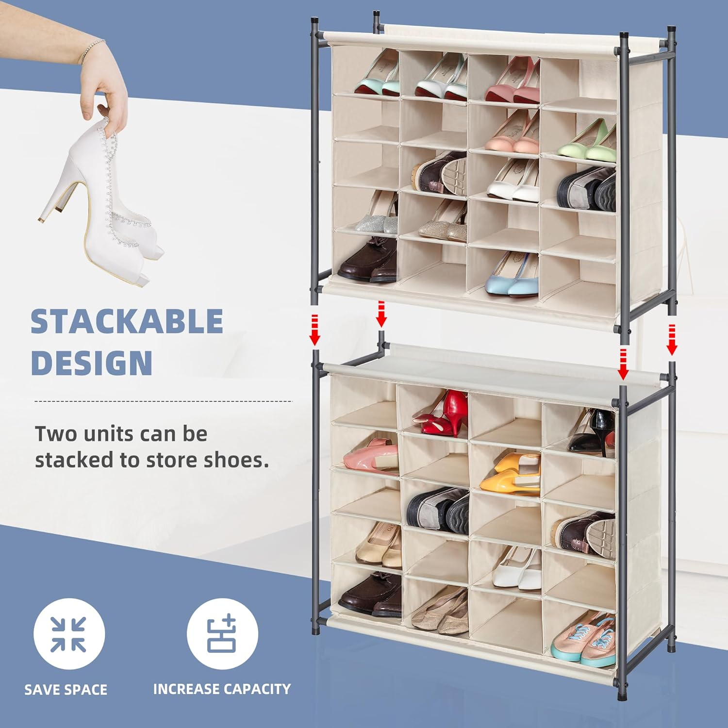 Storage Maniac Stackable Shoe Cubby Organizer - 20-Cube Free Standing Rack for Entryway & Bedroom | Beige