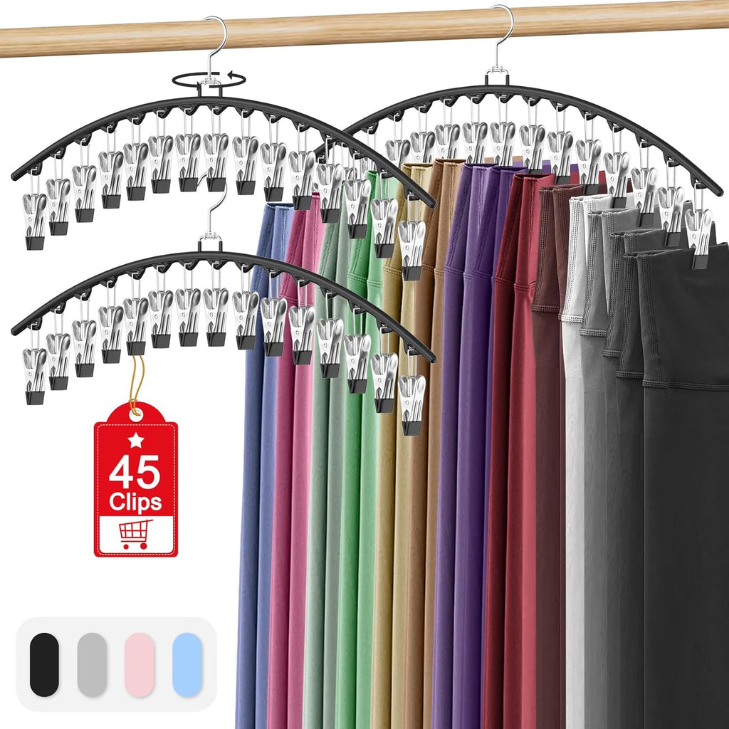 Skiennix Legging Organizer - Space-Saving Closet Hangers for 45 Leggings, Shorts & Skirts | Black 3-Pack