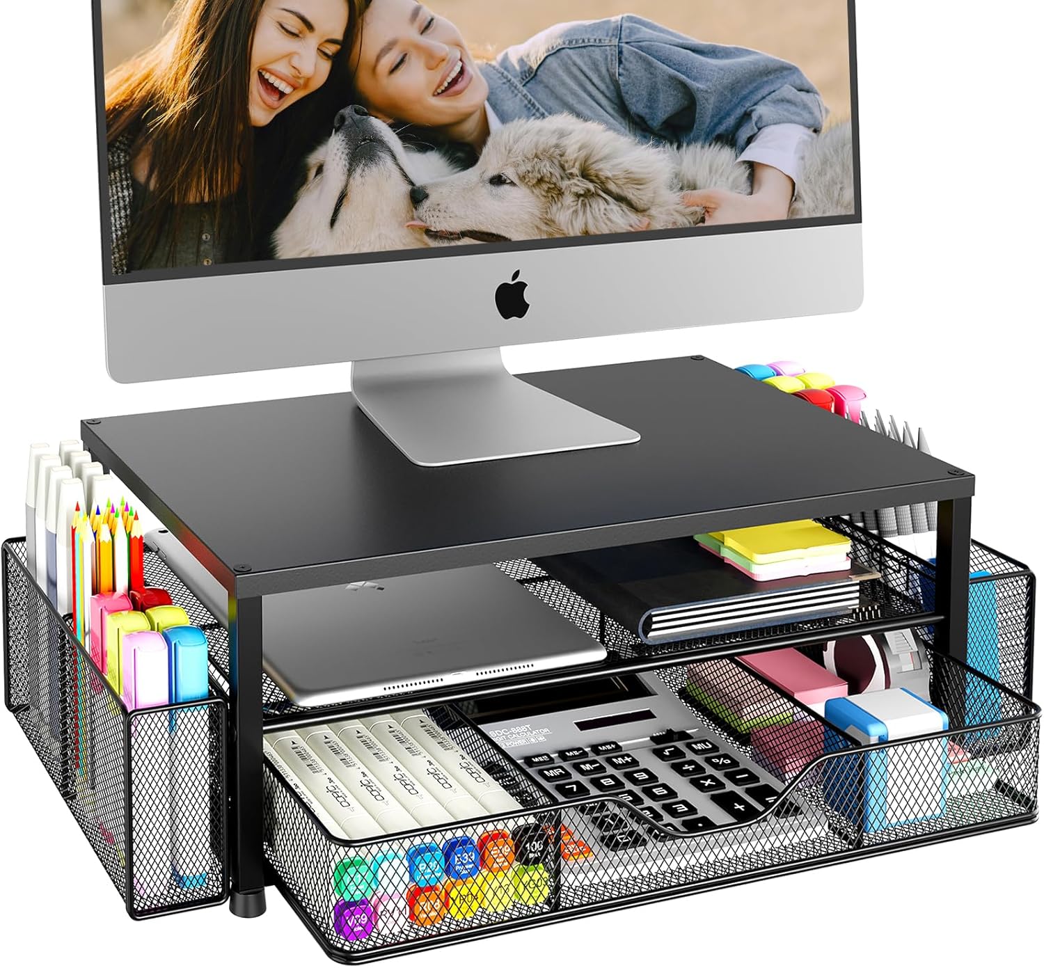 OPNICE Desk Organizer - 2-Tier Monitor Stand Riser with Drawer & Pen Holders | Black Office Accessories