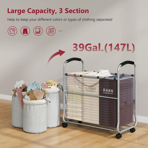 Tajsoon 3 Bag Laundry Cart, Laundry Hamper Sorter with Heavy Duty Lockable Wheels, Laundry Basket Organizer with Removable Bags, Laundry Separator Hamper for Clothes Storage, Gray+Beige+Red
