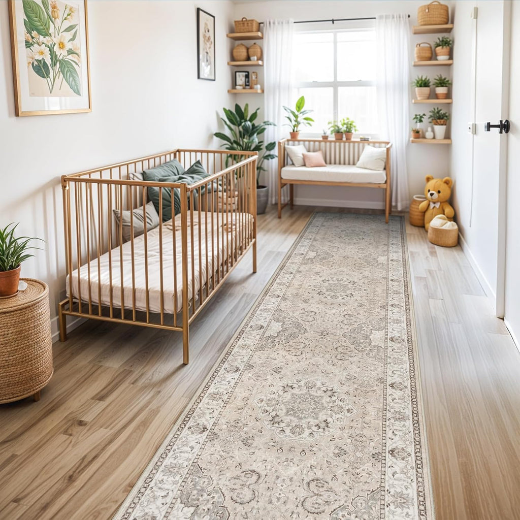 Skiennix Washable 3x12 Hallway Runner Rug - Vintage Non-Slip Soft Carpet for Entryway & Living Room (Beige)