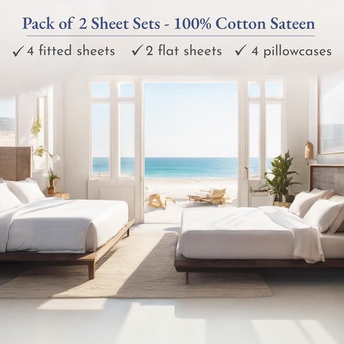 California Design Den Split King Sheet Sets - Soft 100% Cotton Sateen - Breathable & Cooling - Bright White (2-Pack)